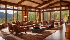 a living room filled with lots of furniture and large windows overlooking the mountains in the distance