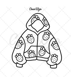 a black and white drawing of a jacket with strawberries on it, in the shape of an animal