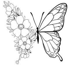 a drawing of a butterfly and flowers