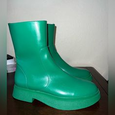 Never Worn. Woman’s 9.5 Or Eu 40 Green Platform Boots With Synthetic Material, Green Platform Boots In Synthetic Material, Green Synthetic Platform Boots, Green Ankle-high Synthetic Boots, Green Faux Leather Ankle-high Boots, Green Ankle-high Boots For Spring, Green Ankle Boots For Spring, Green Casual Platform Boots, Green Medium Width Boots With Round Toe