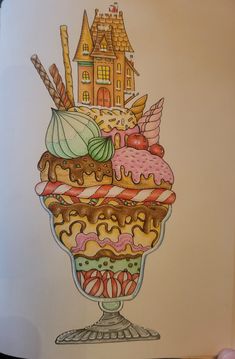 a drawing of an ice cream sundae with candy and candies on it, in front of a house