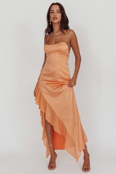 Katarina Satin Ruffle Hem Maxi Dress Mango by Selfie Leslie Pink Dress Shoes, Orange Bridesmaid, Selfie Leslie, Brunch Dress, Shoes Model, Romantic Night, Satin Maxi, Iron Material, Date Night Dresses