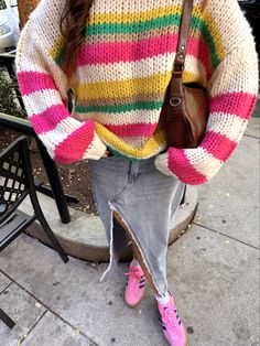 Pink gazelles outfit, striped chunky knit sweater, fall fashion trends, colorful stripe chunky sweater Skirt Sweater Outfit Fall, Gazelles Outfit, Skirt Sweater Outfit, Pink Gazelles, Knit Sweater Fall, Knit Sweater Oversized, Skirt Sweater, Striped Knit Sweater, Chunky Knit Sweater