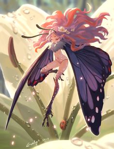 a fairy with long pink hair and purple wings flying over flowers in the rain,