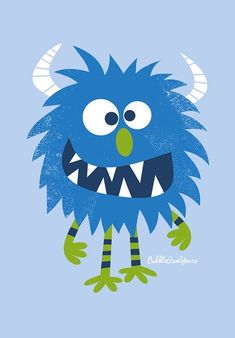 a blue monster with large horns and big eyes on it's face, standing in front of a light blue background