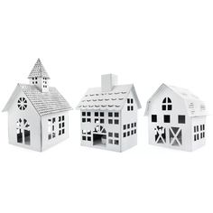 three small white houses on a white background