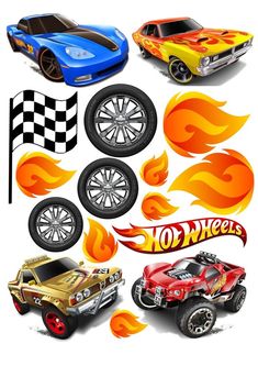 various types of hot wheels cars with flames and checkered flags on the front, side, and back