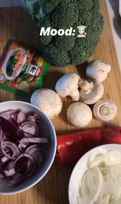 broccoli, onions and red peppers on a cutting board with the words mood 2 above it