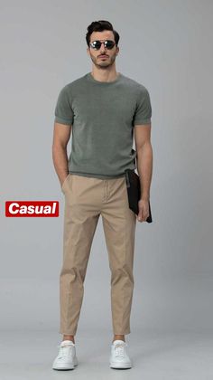 Mens Slim Fit Outfits Casual, Light Brown Chinos Men Outfits, Outfits With Khaki Pants Men, Chino And Shirt Outfit Men, Men Bussines Casual Outfit, Tshirt Pants Outfit Man, Light Chinos Men Outfits, Slim Fit Pants Men Outfit, Slim Fit T Shirts Men