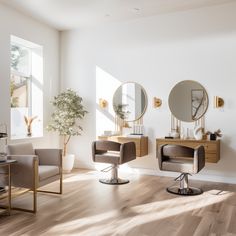 ✨ Salon vibes, radiating warmth. Boho Salon Station Ideas, Salon Wall Colors, Small Salon, Hair Salon Chairs, Hair Salon Equipment, Salon Lighting, Salon Styling Chairs, Home Hair Salons