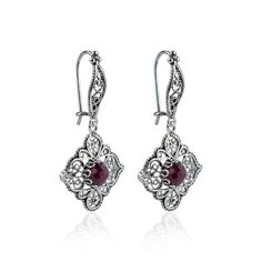 "Ruby Corundum 925 Sterling Silver Flower Earrings Artisan Handcrafted Filigree Art Paisley Design Earrings Dangle Drop Earrings The length is 1.65\" and width is 0.90\". The weight is 5.00 gr. Comes with velvet pouch and luxurious gift box. Filigree is made of delicate metal strands that have been skillfully fashioned to create an outstanding combination of old and modern art. Originating in Mesopotamia, Anatolia. It is made of delicate metal strands that have been skillfully fashioned to creat Red Sterling Silver Filigree Earrings, Sterling Silver Drop Earrings With Intricate Design For Brides, Classic Filigree Chandelier Earrings For Gift, Sterling Silver Filigree Chandelier Earrings For Formal Occasions, Sterling Silver Filigree Chandelier Earrings For Formal Events, Formal Sterling Silver Chandelier Earrings With Filigree, Formal Sterling Silver Filigree Chandelier Earrings, Classic Filigree Chandelier Earrings As Gift, Silver Bridal Earrings With Intricate Design