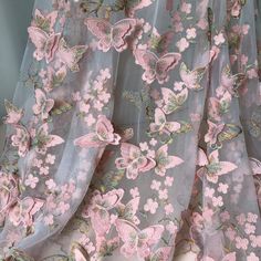 "3d butterfly applique on tulle lace, pink butterfly with Multi-colored gold thread, one-sided scallop edge, soft off white tulle fabric Listing is for one yard. Width approx: 55.1\" (140 cm) The embroidery part about: 27.5\" (70cm) The Tulle part about: 27.5\" (70cm) Use for dress supplies, costume fabric, dresses, gift package, bags decoration, party dress, curtains, skirt bottoming, home decor and other projects you could imagine. For more quantity, please feel free to convo me for custom lis White Tulle Fabric, Prom Dress Couture, Colored Wedding Dress, Butterfly Applique, Butterfly Lace, 3d Butterfly, Etsy Wedding Dress, White Tulle, Net Fabric