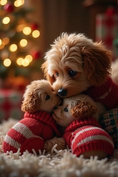 two small dogs in red sweaters hugging each other