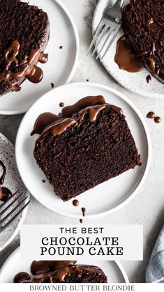 the best chocolate pound cake is on two white plates