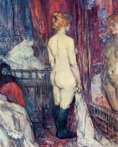 a painting of two women standing in front of a mirror