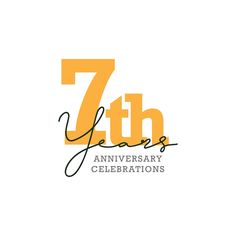 the seven years anniversary celebration logo with an orange and yellow design on it's left side