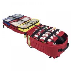 two pieces of luggage sitting on top of each other in red and yellow cases with black straps