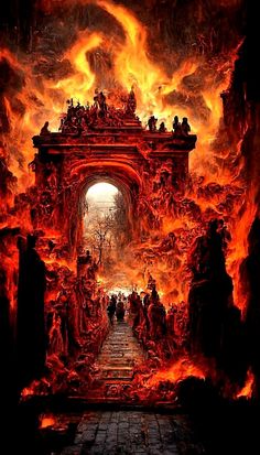 an image of a fire scene with people walking through the gate and flames in the background