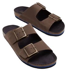 Complete Your Favorite Casual Outfits With These Distinctive Double-Strap Sandals. They're Crafted From Leather And And Feature A Flash Of Blue On The Sole. That Means They're Vibrant As Well As Durable (Double Tick). Thanks To A Cork Footbed That Offers Support And Absorbs Impact, These Are A Comfortable Choice. Now Just Slip Them On And Adjust The Brass Buckles To Find Your Perfect Fit. Upper 100% Nubuck Leather Insock Polyester Sole Man-Made Brand New. Never Worn. Minor Wear From Storage Men Brown Double Strap Footbed Sandals For Summer, Brown Double Strap Sandals For Vacation, Casual Brown Sandals With Adjustable Strap, Casual Brown Footbed Sandals With Adjustable Strap, Brown Double Strap Footbed Sandals With Adjustable Strap, Brown Double Strap Sandals With Leather Footbed, Brown Synthetic Double Strap Footbed Sandals, Adjustable Brown Slip-on Footbed Sandals, Canvas Boat Shoes