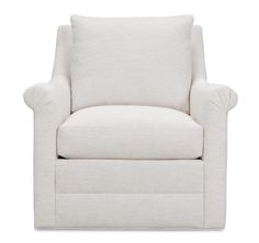 a white chair with a pillow on it's back and arm rests in front of a white background