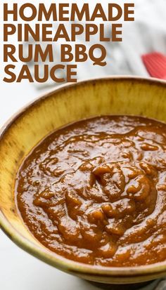 homemade pineapple rum bbq sauce in a yellow bowl