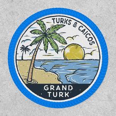 a blue and white logo with a palm tree in the center on a cement surface