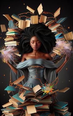 a woman is surrounded by books with her hands on her hips, and she has an afro