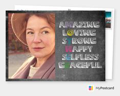 a woman wearing a hat and scarf with the words amazing loving, strong happy selfies peaceful