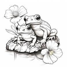 two frogs sitting on top of a flower