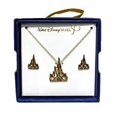 Be prepared to shine with this gold Necklace and Earrings Set from Walt Disney World 50th Anniversary. Features Cinderella's Castle. * Necklace and Earrings Set * Gold * Post Earrings * For pierced ears * Part of the 50th Anniversary Celebration * Imported ** Authentic Disney Parks merchandise. ** Disney Castle Earrings, Gold Necklace And Earrings Set, Walt Disney World 50th Anniversary, Disney World 50th Anniversary, Cinderella's Castle, Desk Stationery, Earrings And Necklace Set, 50th Anniversary Celebration, Ear Parts