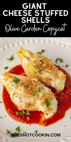 two pieces of cheese stuffed shells on a white plate with sauce and parsley sprinkled