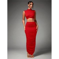 -Item Id 27807790 -Color: Red -Style: Elegant -Pattern Type: Plain -Details: Ruched, Split -Skirts Length: Long -Tops Length: Crop -Neckline: Stand Collar -Skirts & Tops Material: Knitted Fabric -Top Type: Camisole -Skirts & Tops Composition: 94% Polyester, 6% Elastane -Bottom Type: Skirt -Lined For Added Warmth: No -Fit Type: Slim Fit -Fabric: Medium Stretch -Care Instructions: Machine Wash Or Professional Dry Clean -Sheer: No **Open To Offers!!!** **Bundle To Save More** **30% Off Bundles Of 2 Stretch Two-piece Mini Skirt For Party, Two-piece Skirt For Spring Party, Chic Two-piece Skirt Set For Party, Spring Two-piece Party Skirt, Spring Party Two-piece Skirt, High Waist Party Skirt, Fitted Two-piece Skirt For Party, Chic Fitted Skirt Set For Party, Two-piece Skirt-style Party Dress