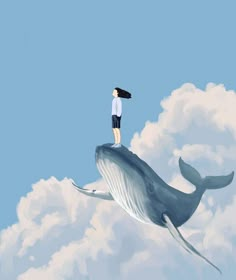 a man standing on top of a whale in the sky