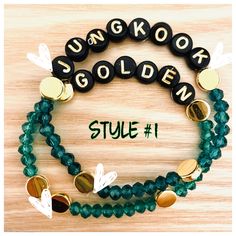 "2 bracelets \"Jungkook\" and \"Golden\" with green and gold beads. **2 STYLES AVAILABLE** Please indicate which STYLE under personalization. Bracelets are made to order.  More colors and style available.  Please message me for custom orders. Sizes available for adults and kids.  ^^adult bracelet measure at 6.5-7 inches^^ ^^child bracelet measure at 4.5-5 inches^^" Customized Green Name Bracelet For Friendship, Customized Adjustable Green Name Bracelet, Trendy Customizable Green Jewelry, Customized Gold Beaded Bracelets, Trendy Personalized Green Bracelets, Personalized Green Trendy Bracelets, Customized Trendy Green Jewelry, Trendy Green Name Bracelet For Gift, Trendy Personalized Green Name Bracelet