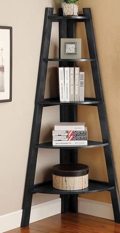 a corner shelf with books on it in a living room