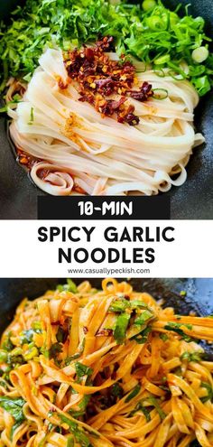 two pictures with different types of noodles in them and the words spicy garlic noodle's