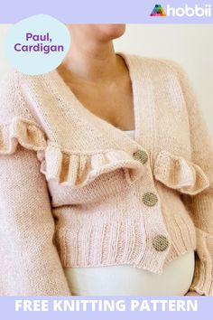 a woman wearing a sweater with ruffles and buttons on the front, texting free knitting pattern