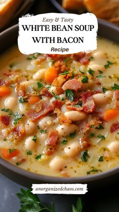 White Bean Soup with Bacon Bean Soup With Bacon, White Bean Sausage Soup, Bean Soup Crockpot, Bean And Sausage Soup, Bacon Soup Recipes, Bean And Bacon Soup, Soup With Bacon, White Bean Recipes, White Bean Soup Recipes