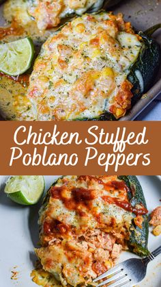 chicken stuffed poblano peppers on a plate with a fork