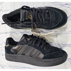 Adidas Tyshawn Low Black Gold Metallic 2022 Skateboarding Shoe Youth 4 Womens 5 Brand New Unused Condition... 100% Authentic Youth Size 4 Also Fits Mens Size 4 And Womens Size 5 We Buy Our Items As Overstock, Display Model, Open Box And Closeout. Products Are New But May Have Minor Cosmetic Issues Due To Storage Which Will Be In The Description. Most Of Our Items Will Have No Noticeable Issues. Poshmark Disclaimer: When In Doubt Check Out Our Feedback And Browse Our Store. We Sell 100% Authentic Adidas Lace-up Skate Shoes For Streetwear, Adidas Round Toe Skate Shoes For Streetwear, Adidas Skate Shoes For Streetwear With Round Toe, Adidas Urban Skate Shoes, Adidas Black Skate Shoes For Skateboarding, Black Skate Shoes With Cushioned Footbed, Black Lace-up Adidas Skate Shoes, Black Casual Skate Shoes With Padded Tongue, Casual Black Skate Shoes With Padded Tongue