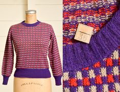 "1950s Deadstock Sweater Checkered Red and Purple Wool Knit Geometric Ski Sweater Great 1950s wool knit sweater. Deadstock with tags. Marked as size 36. Measurements shoulders: 16\" chest: 32\" sleeve: 19.5\" length: 20.5\"" Red Vintage Knitted Sweater, Vintage Red Fall Sweater, Red Vintage Knit Sweater, Vintage Fitted Knit Sweater, Vintage Wool Knit Sweater, Retro Wool Knitted Sweater, Vintage Knit Wool Sweater, Retro Fitted Wool Sweater, Fitted Wool Sweater In Vintage Style