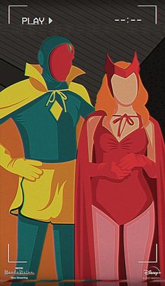 two people dressed as superheros standing next to each other in front of a black background