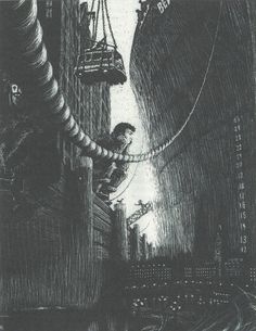 a drawing of a person on a boat in the water next to a large ship