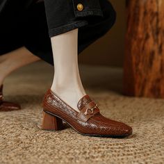 Looking for a versatile and stylish footwear option that can take you from the office to after-work drinks? Check out our brown heeled loafers! Made from premium leather. these shoes feature a square toe and low heel for a classic look that will never go out of style. Pair them with slacks or a skirt for work. or jeans and a blouse for a casual evening out. Upper: Leather Lining: Leather Outsole: TPR Toe: Square Toe Closure: Slip on Color: Brown Heel: 5cm/2'' Handmade?: Yes The above measurement Brown Heeled Loafers, Skirt For Work, Stylish Footwear, Embellished Heels, Brown Loafers, Square Toe Heels, Work Skirts, Casual Evening, Brown Heels