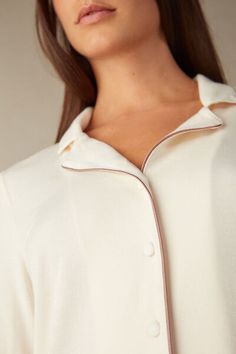 Long-sleeve micromodal pajama top. Featuring contrast satin trim details. Elegant Long Sleeve Tops For Lounging, Elegant Long Sleeve Sleep Tops, Elegant Short Sleeve Sleep Tops, Long Sleeve Cream Blouse For Loungewear, Cream Long Sleeve Blouse For Loungewear, Elegant Viscose Tops For Loungewear, Lingerie Accessories, Pajama Top, Long Sleeve Pyjamas