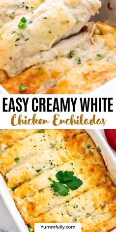 easy creamy white chicken enchiladas in a casserole dish with fresh herbs