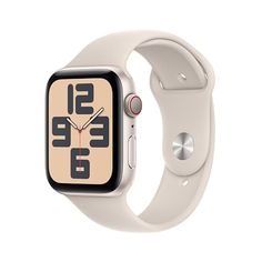 an apple watch with a white band and black numbers on the face, is shown in front of a white background