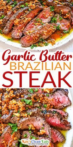 garlic butter and brazilian steak is served on a white platter with a red pepper garnish