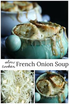 french onion soup in a blue bowl with noodles and an egg on the side next to it