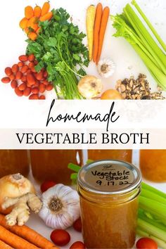 homemade vegetable broth recipe with carrots, celery and onions in jars